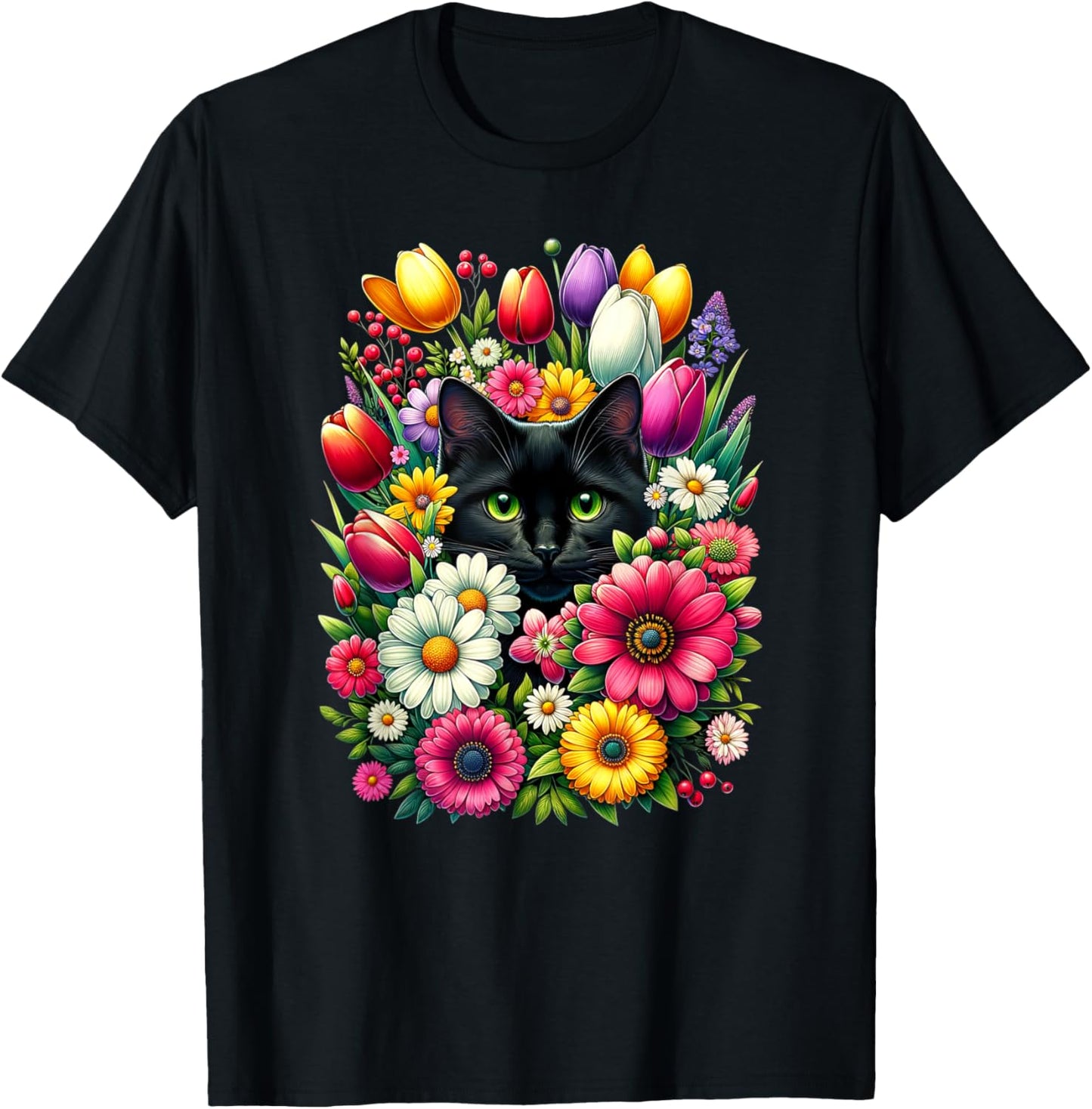 Boho Cute Black Cat Hiding in Spring Flowers T-Shirt