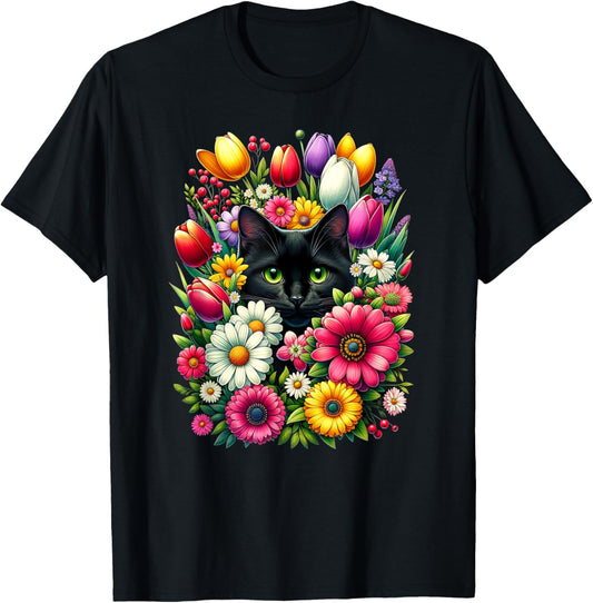 Boho Cute Black Cat Hiding in Spring Flowers T-Shirt