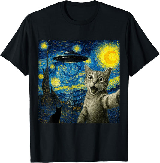 Cat Selfie With Alien UFO Cat Starry Night Van Gogh Women T-Shirt