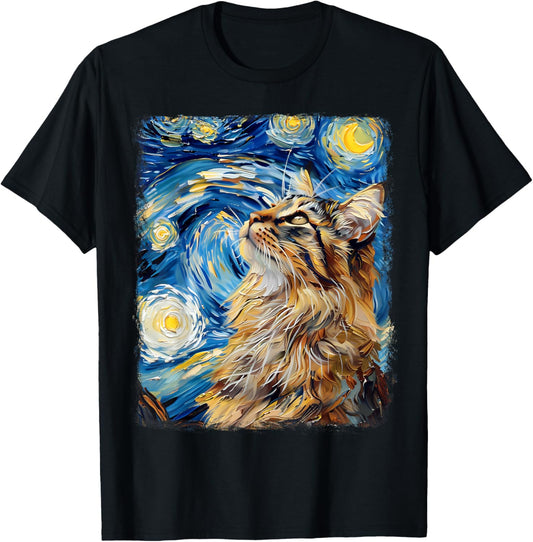 Maine Coon Cat Starry Night Painting T-Shirt