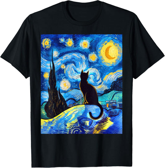 Black Cat on a Starry Night – Cat Lover Funny Van Gogh T-Shirt