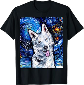 White German Shepherd Portrait Starry Night Dog Art by Aja T-Shirt