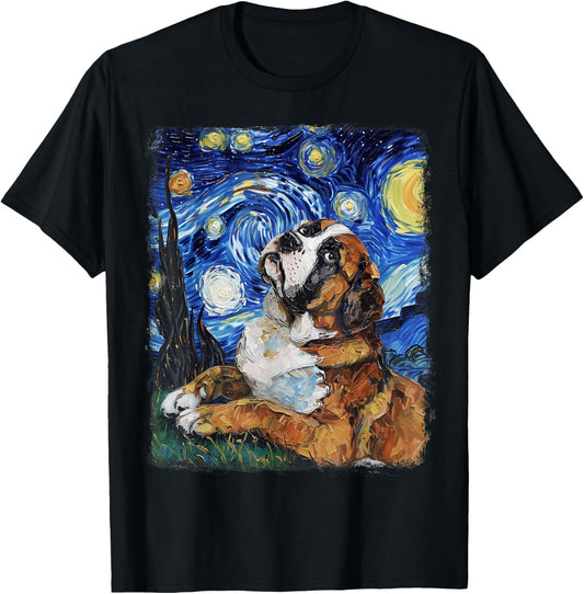 St. Bernard Dog Starry Night Painting T-Shirt