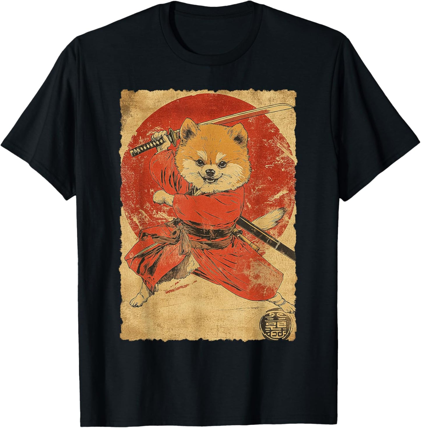 Funny Vintage Japanese Art Pomeranian Dog Ninja Samurai T-Shirt