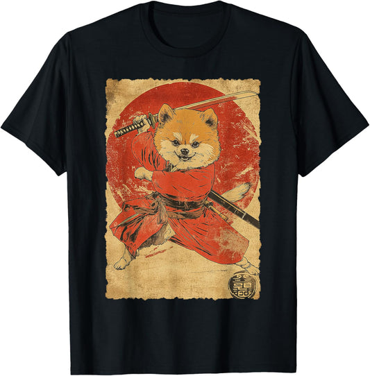 Funny Vintage Japanese Art Pomeranian Dog Ninja Samurai T-Shirt