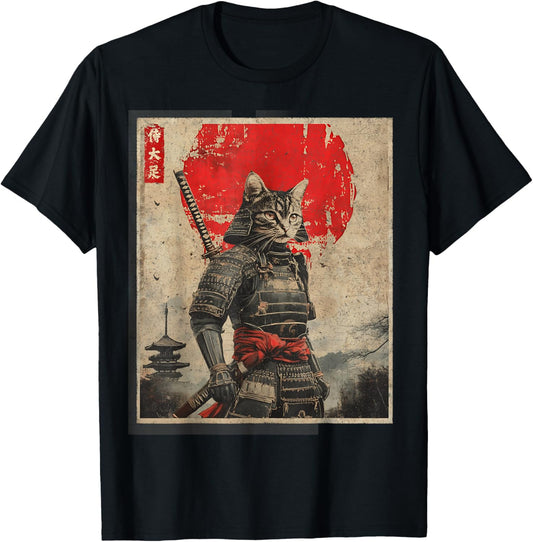 Vintage Samurai Cat Japanese Graphic Tees Mens Ukiyo-e Art T-Shirt