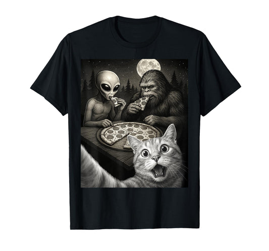 Funny Selfie of Cat With Bigfoot Eating Pizza With An Alien T-Shirt
