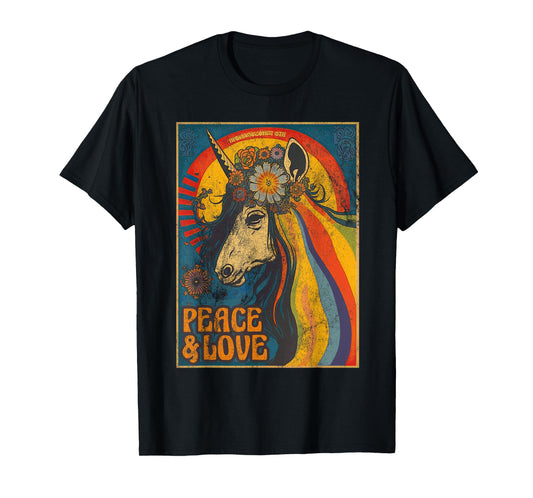 Unicorn Peace 60s 70s Hippie Vintage Love Flowers Retro T-Shirt