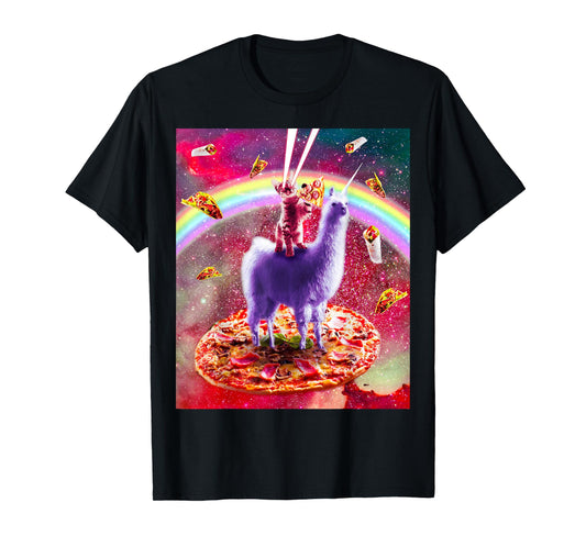 Laser Eyes Outer Space Cat Riding On Llama Unicorn T-Shirt