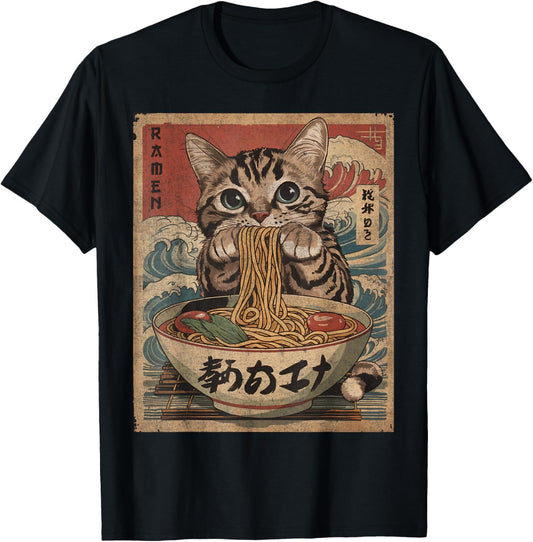 Cat Eating Ramen Noodles Kawaii Anime Manga Japanese Food T-Shirt