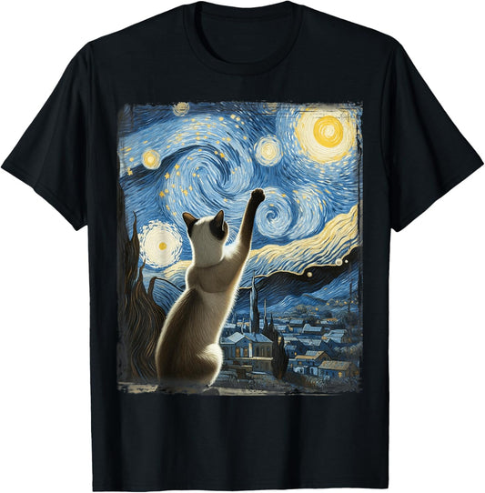 Van Gogh Starry Night Style Artistic Siamese Cat T-Shirt