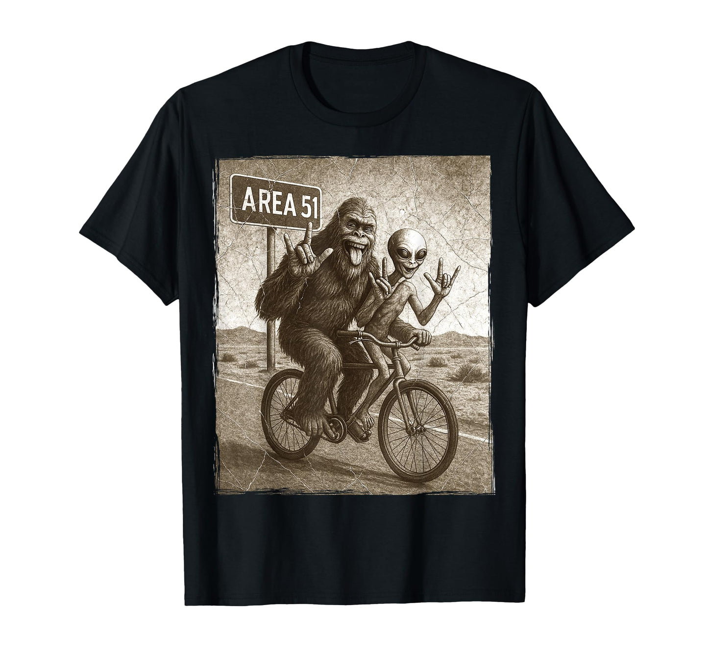 Bigfoot Alien UFO Bike Ride Rock On Area 51 Vintage Funny T-Shirt