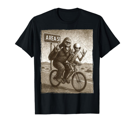 Bigfoot Alien UFO Bike Ride Rock On Area 51 Vintage Funny T-Shirt