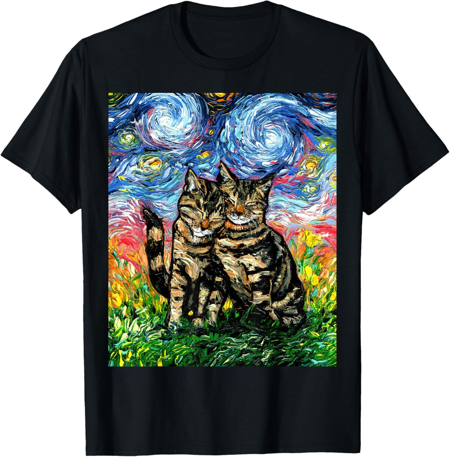 Two Tabby Cats Kitten Snuggling Cute Starry Night Art by Aja T-Shirt