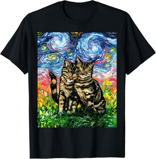 Two Tabby Cats Kitten Snuggling Cute Starry Night Art by Aja T-Shirt