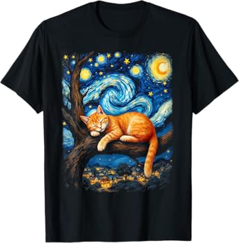 Van Gogh Starry Night Cat Moonlit Scene Cat Lovers T-Shirt