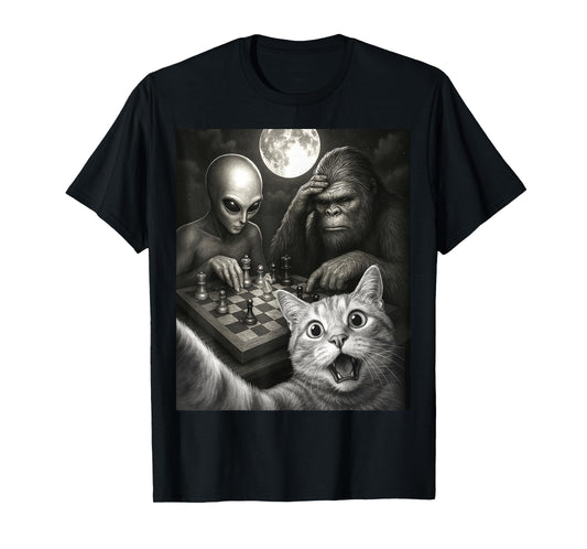 Funny Cat Selfie with a Bigfoot Playing Chess With Alien T-Shirt