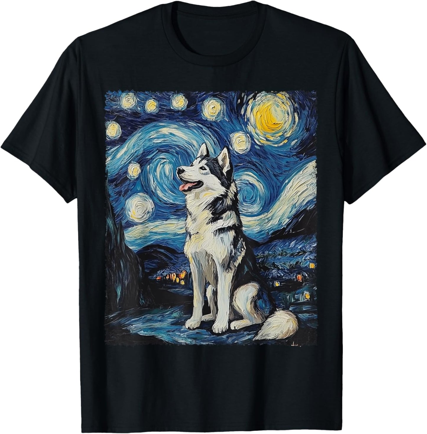 Modern Art Painting Van Gogh Starry Night Husky Dog T-Shirt