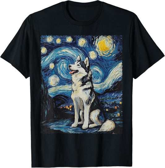 Modern Art Painting Van Gogh Starry Night Husky Dog T-Shirt
