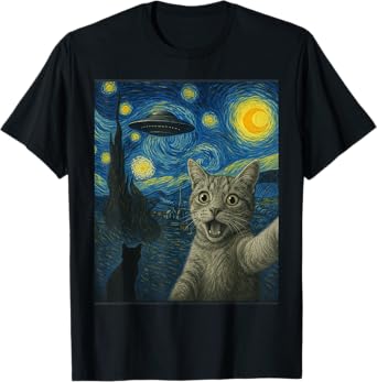 Cat Selfie With Alien UFO Cat Starry Night Van Gogh Cat T-Shirt for Men Women Kids