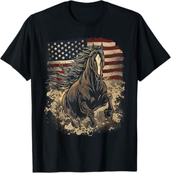 Patriotic Horse American Flag Horseback Riding Western Farm Women Kids Men T-Shirt