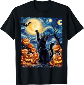 Halloween Cat Van Gogh Starry Night Pumpkin Gifts Men Women T-Shirt