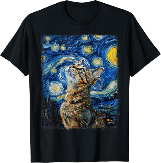 Tabby Cat Orange Cat Starry Night Painting T-Shirt