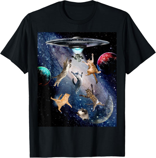 UFO Cats T-Shirt for Adults Galaxy Cats Cute Cat Lover T-Shirt