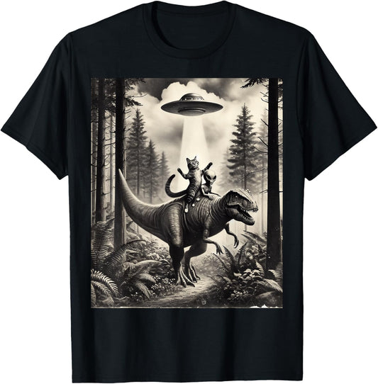 Cat With Alien Riding Dinosaur T-Rex. Cat And UFO Spaceship Men Women Girls Kids T-Shirt