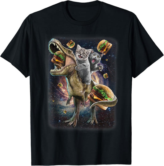 Cat Riding A Dinosaur Humorous T-Shirt T-Shirt for Men Women Kids