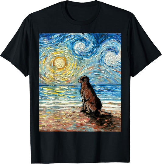 Chocolate Labrador Starry Night Beach Brown Lab Dog Aja Art T-Shirt