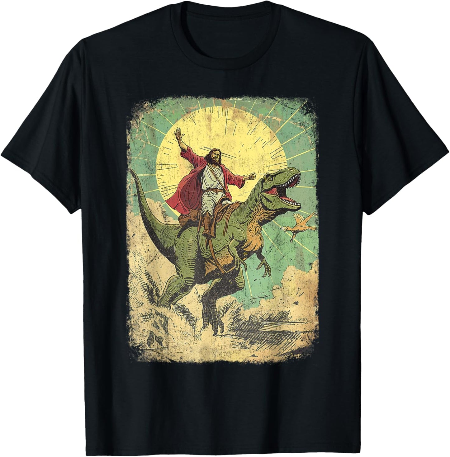 Jesus riding dinosaur Funny Christian retro dino raptor T-Shirt