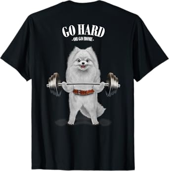 Fox Republic Design Unisex-Adults & Kids Black Cotton 100% Short Sleeve T-Shirt Small Classic Fit Crew Neck Modern Cartoon Dog T-Shirt White Pomeranian Dog Weightlifting in Fitness Gym T-Shirt