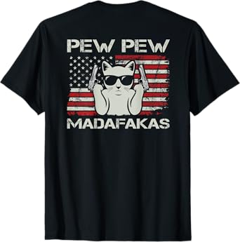 Vintage Cats Pew Pew Madafakas USA Funny Cat Lover (ON BACK) T-Shirt