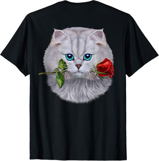 Romantic Fluffy White Cat Biting on a Rose Flower T-Shirt