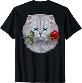 Romantic Fluffy White Cat Biting on a Rose Flower T-Shirt
