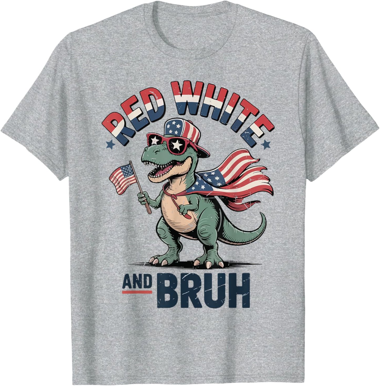 Red White Bruh Funny 4th July Dinosaur Toddler Boy Patriotic T-Shirt