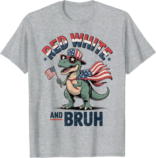 Red White Bruh Funny 4th July Dinosaur Toddler Boy Patriotic T-Shirt